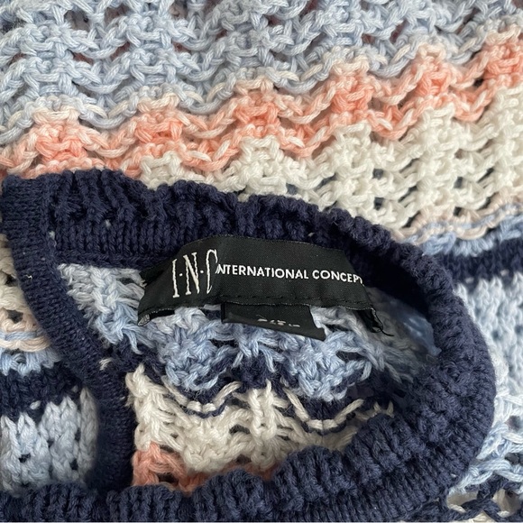 INC Crochet Knit Short Sleeve Sweater Striped Blue White Peach Petite Large - Picture 8 of 8